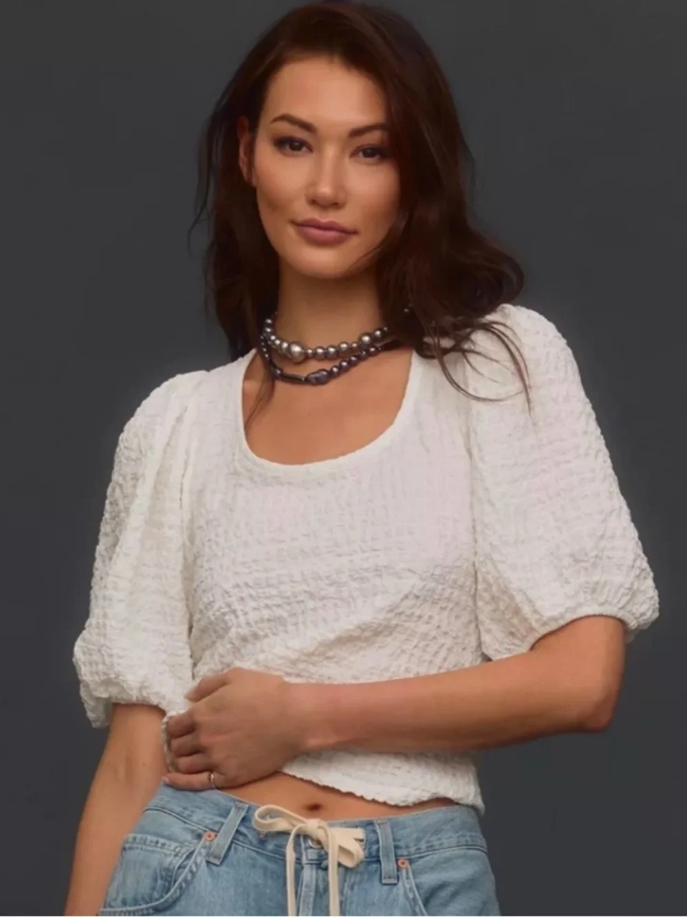 Anthropologie Maeve White Textured Puff-Sleeve Top XS